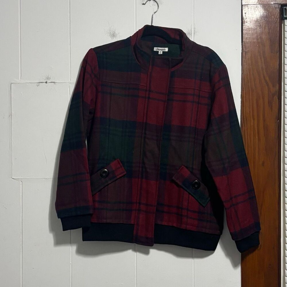 Serengeti tartan plaid red green wool blend bomber coat medium - Picture 1 of 4